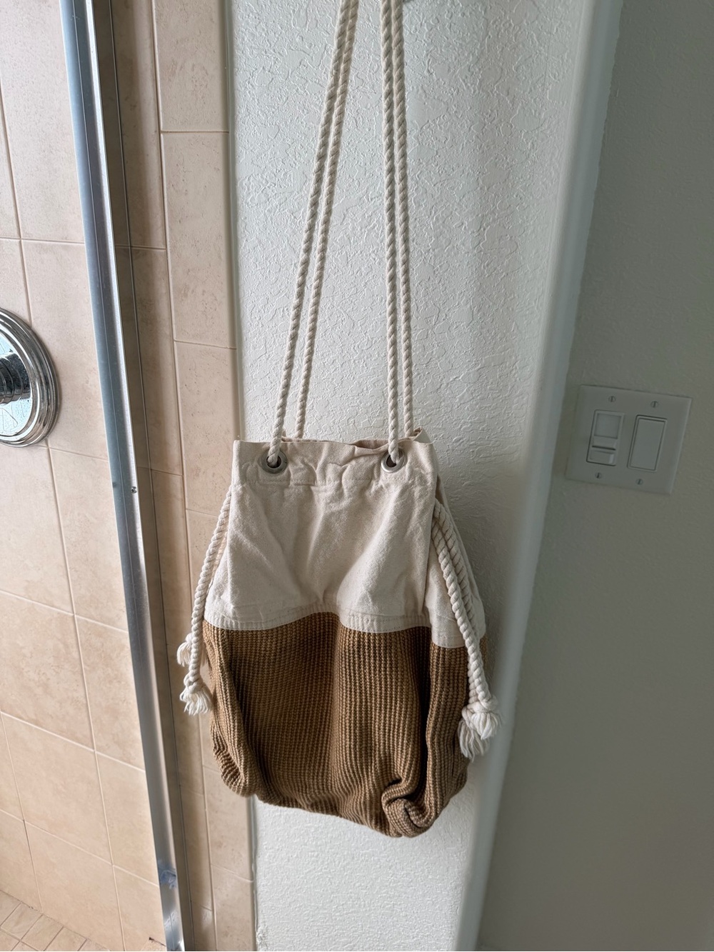 Tribeca Tribe Canvas and Knit Two-Tone Drawstring Shoulder Bag - Cream & Brown